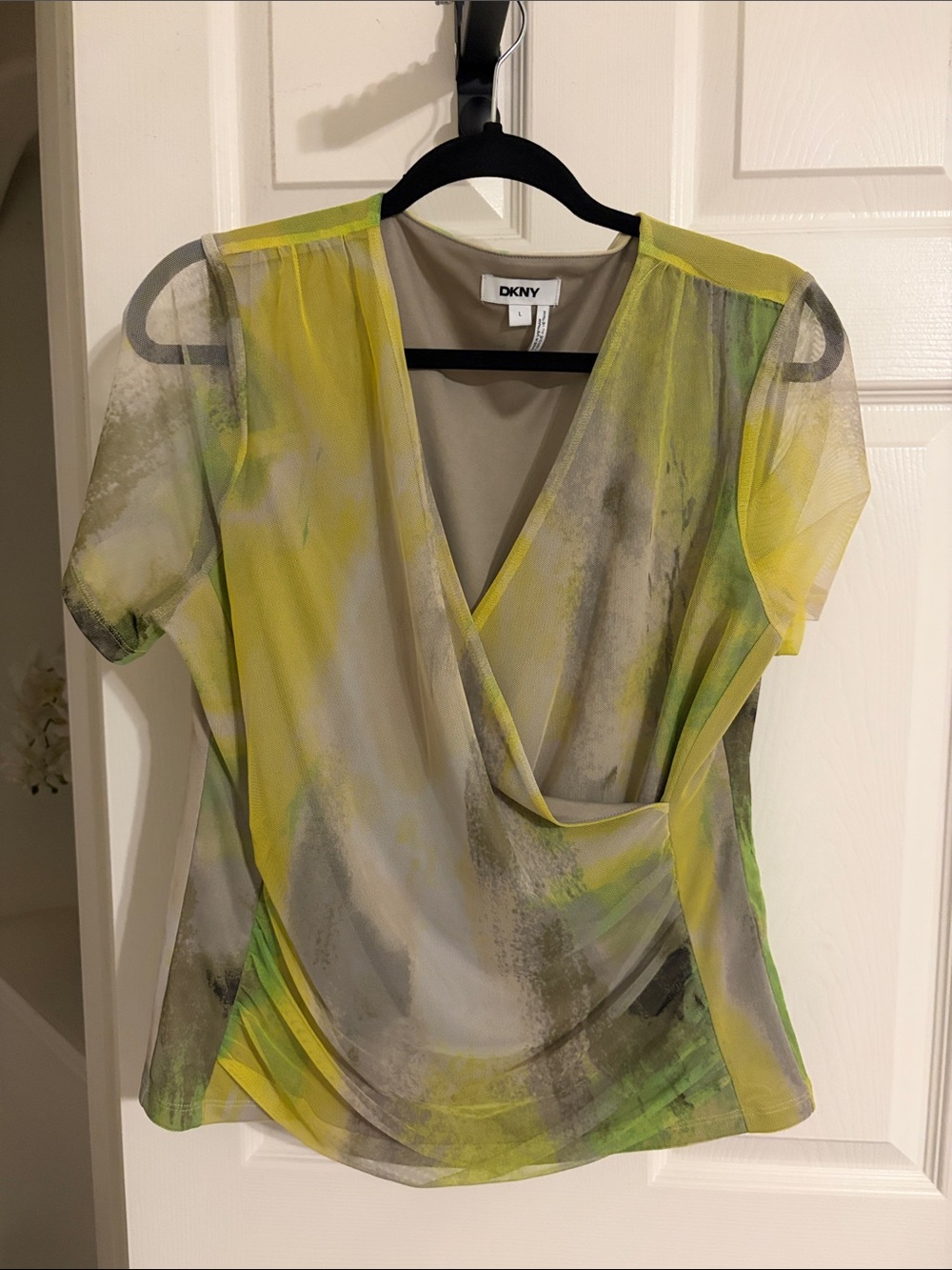 DKNY Yellow and Gray Sheer Wrap-Front Blouse